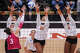 Texas Longhorns outside hitter Cari Spears (23), Texas Longhorns middle blocker Nya Bunton (55) and Texas Longhorns outside hitter Torrey Stafford (4) triple block a hit from Indiana Hoosiers outside hitter Candela Alonso-Corcelles (3) as Texas volleyball plays Indiana in a Sweet 16 NCAA Tournament match in Gregory Gymnasium in Austin, Friday, Dec. 12, 2025. The Longhorns will advance to Elite Eight with a 3-0 win.