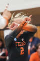 Texas Longhorns libero Emma Halter (2) reacts to scoring a point as Texas volleyball plays Indiana in a Sweet 16 NCAA Tournament match in Gregory Gymnasium in Austin, Friday, Dec. 12, 2025. The Longhorns will advance to Elite Eight with a 3-0 win.