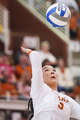 Texas Longhorns setter Rella Binney (3) serves as Texas volleyball plays Indiana in a Sweet 16 NCAA Tournament match in Gregory Gymnasium in Austin, Friday, Dec. 12, 2025. The Longhorns will advance to Elite Eight with a 3-0 win.