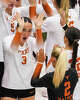 Texas Longhorns setter Rella Binney (3) celebrates winning the 2nd set as Texas volleyball plays Indiana in a Sweet 16 NCAA Tournament match in Gregory Gymnasium in Austin, Friday, Dec. 12, 2025. The Longhorns will advance to Elite Eight with a 3-0 win.