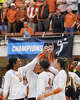 The Longhorns huddle as Texas volleyball plays Indiana in a Sweet 16 NCAA Tournament match in Gregory Gymnasium in Austin, Friday, Dec. 12, 2025. The Longhorns will advance to Elite Eight with a 3-0 win.