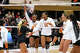 The Texas Longhorns celebrate a score during the NCAA Regional Final volleyball match against Wisconsin at Gregory Gym on Sunday, Dec. 14, 2025 in Austin.