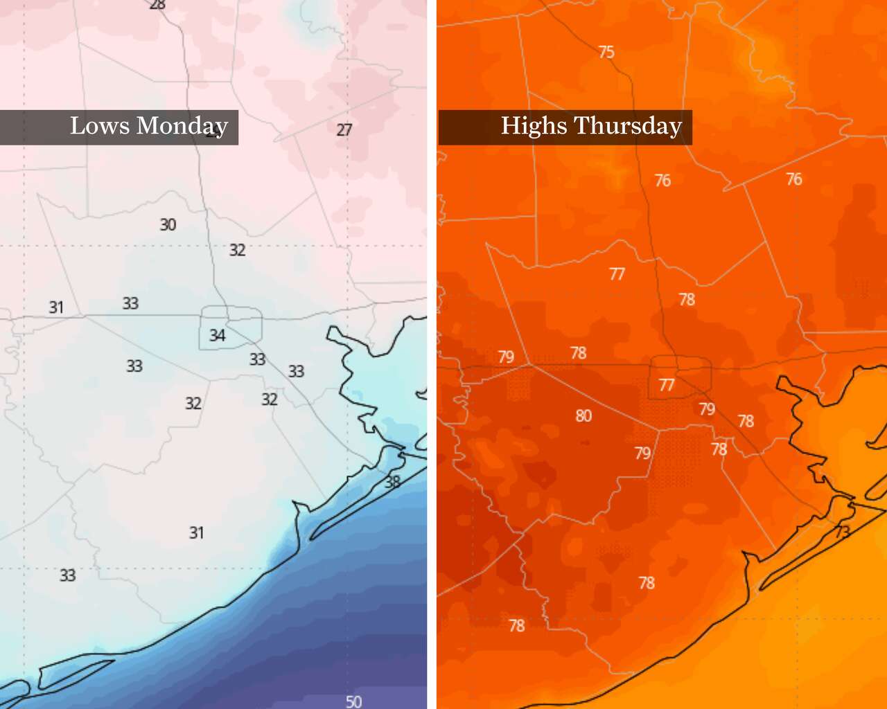 This image shows just how wild this week's temperature rollercoaster is in the Houston area. From Monday's start near freezing, at left, to highs reaching close to 80 degrees, at right.