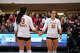 Texas Longhorns libero Ramsey Gary (32) and setter Rella Binney (3) holds hands during a serve in the NCAA Regional Final volleyball match against Wisconsin at Gregory Gym on Sunday, Dec. 14, 2025 in Austin.