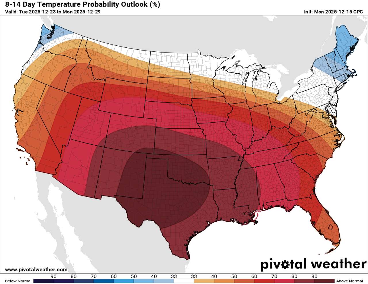 This map from the Climate Prediction Center shows the temperature outlook through Dec. 29. December's equivalent of a heat dome will result in a warmer-than-normal Christmas for much of the country.