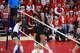 Ifenna Cos-Okpalla and Logan Lednicky combine for the block on Nebraska's Harper Murray during the Elite Eight on Dec. 14, 2025 in Lincoln, Neb.