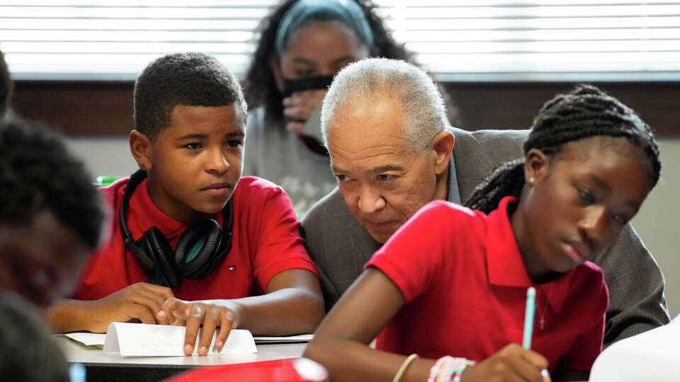 Houston Independent School District Superintendent Mike Miles talks to a Audrey H. Lawson Middle School student while visiting classes Wednesday, Sept. 6, 2023 in Houston.