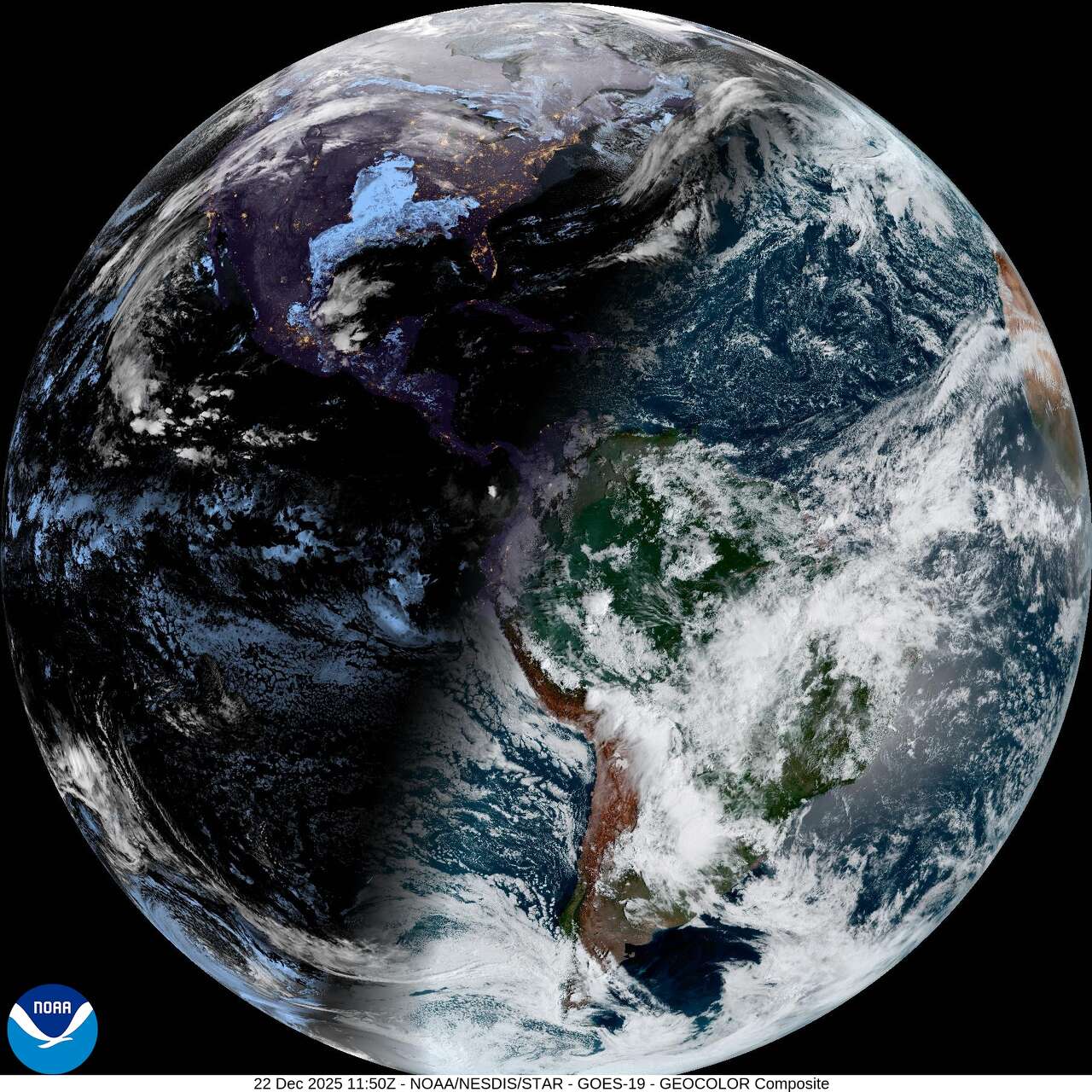 This weather satellite photo of the Earth was taken Monday morning, a day after the winter solstice occurred on Dec. 21. The 23-degree tilt of the Earth is corrected in the photo so that the equator is horizontal. During the winter solstice in the Northern Hemisphere, the North Pole is tilted the farthest away from the sun. That's why the shadow seen here on Earth is angled so sharply across the Northern Hemisphere and why the Southern Hemisphere is so illuminated.