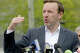 U.S. Sen. Chris Murphy speaks during a ceremony honoring the emergency services that battled the Hawthorne brush fire last fall, on May 2, 2025, in Newington.