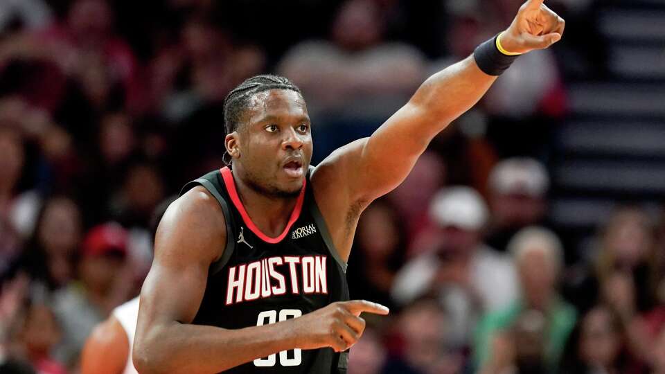Houston Rockets center Clint Capela reacts after making a basket against the Cleveland Cavaliers during the second half of an NBA basketball game, Saturday, Dec. 27, 2025, in Houston. (AP Photo/Eric Christian Smith)