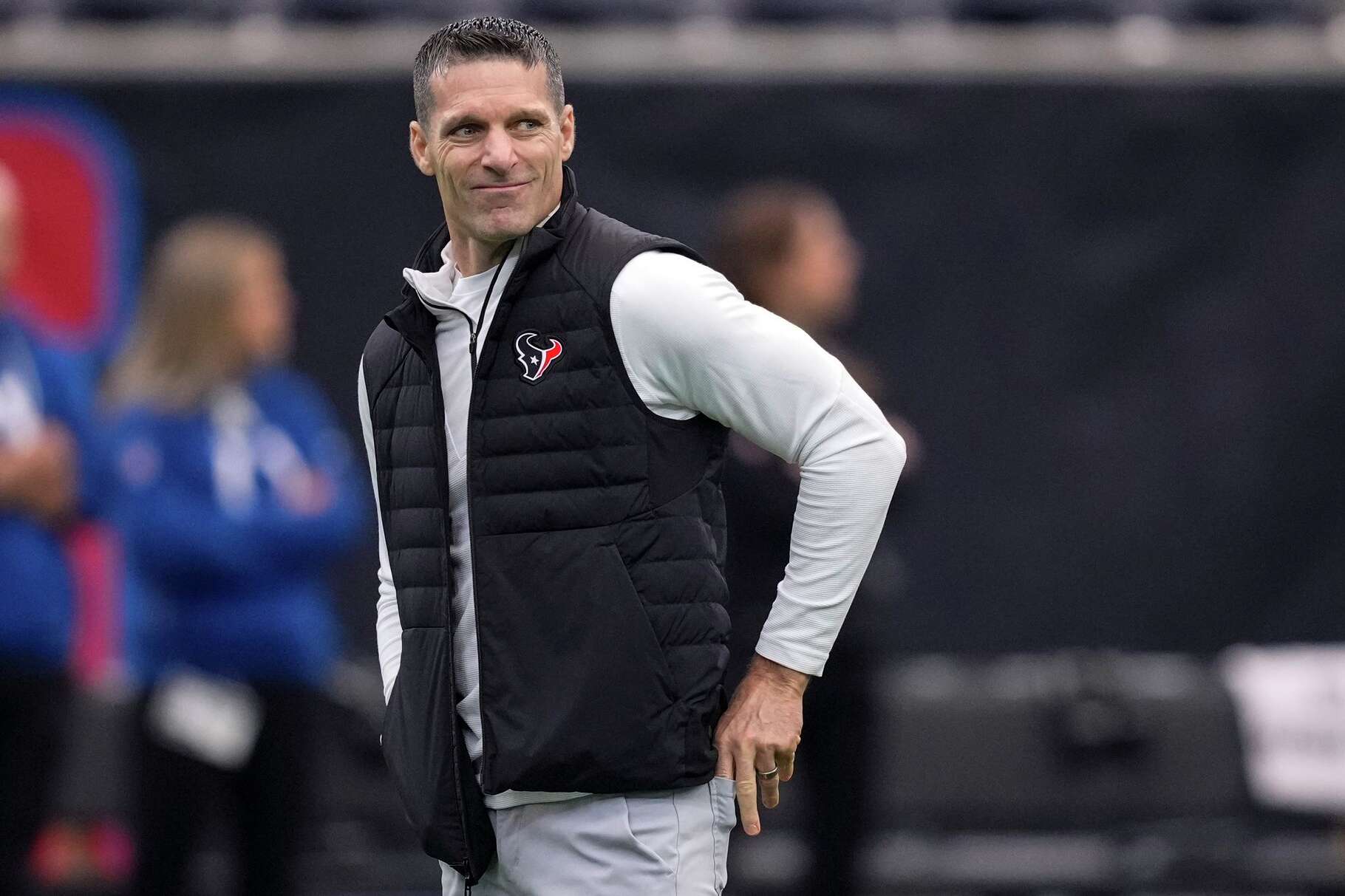 Houston Texans general manager Nick Caserio watches warm ups before an NFL football game against the Indianapolis Colts in Houston, Calif., Sunday, Jan. 4, 2026.