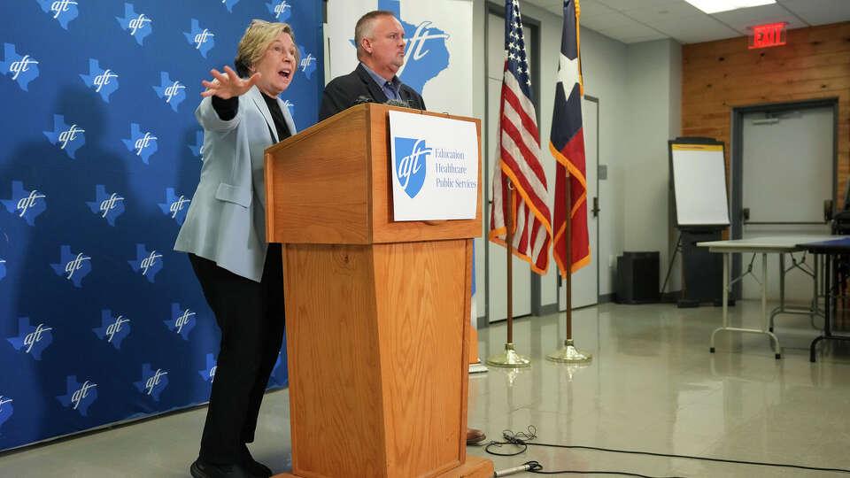 American Federation of Teachers President Randi Weingarten and Texas AFT President Zeph Capo speak at a news conference at the AFL-CIO in Austin on Tuesday, Jan. 6, 2026, regarding a lawsuit seeking to block a Texas Education Agency investigation into public educators who criticized Charlie Kirk following his assassination.