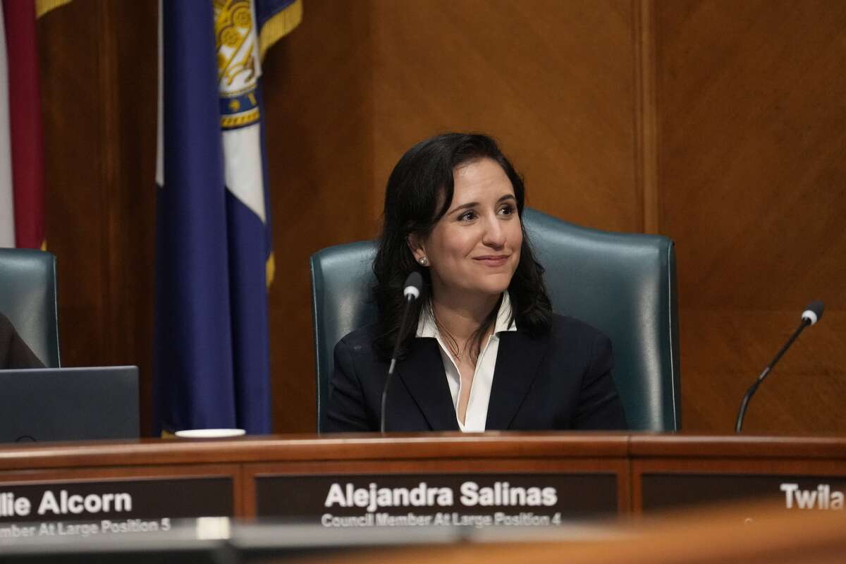 Alejandra Salinas sits during her first public comment session after taking the oath of office as a Houston City Council member at Houston City Hall in Houston on Tuesday, Jan. 6, 2026.