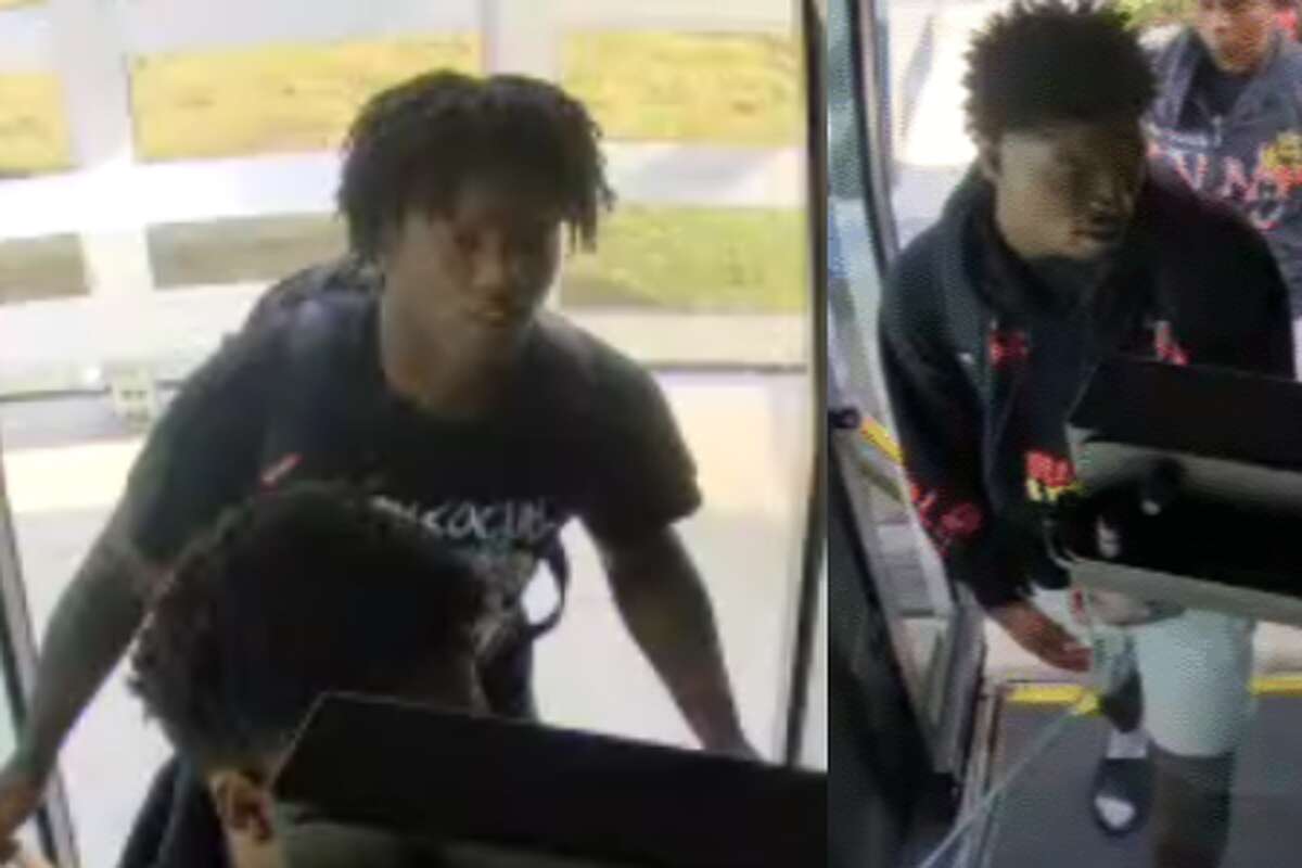 Surveillance images released by the Houston Police Department show two suspects believed to be teenagers aboard a METRO bus shortly before a shooting that killed a woman and wounded a 16-year-old boy Wednesday in the Westchase area.