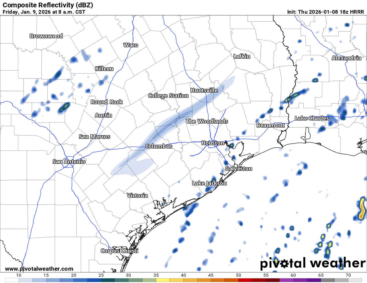Showers should be fairly isolated Friday morning, as noted by this image of what radar could look like at 8 a.m.