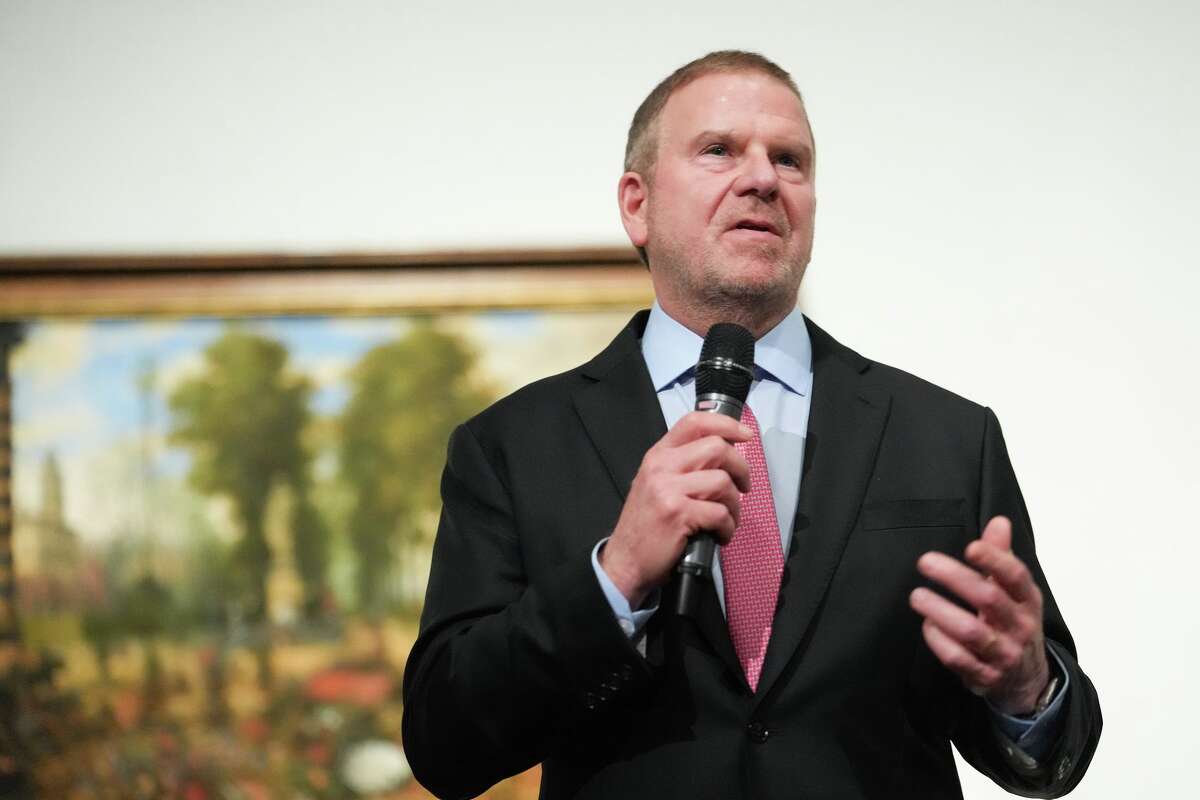 U.S. Ambassador Tilman Fertitta talks to attendees to a cocktail hour with guest Marco Peronaci, ambassador of Italy to the US., at MFAH in Houston on Thursday, Jan. 8, 2026.