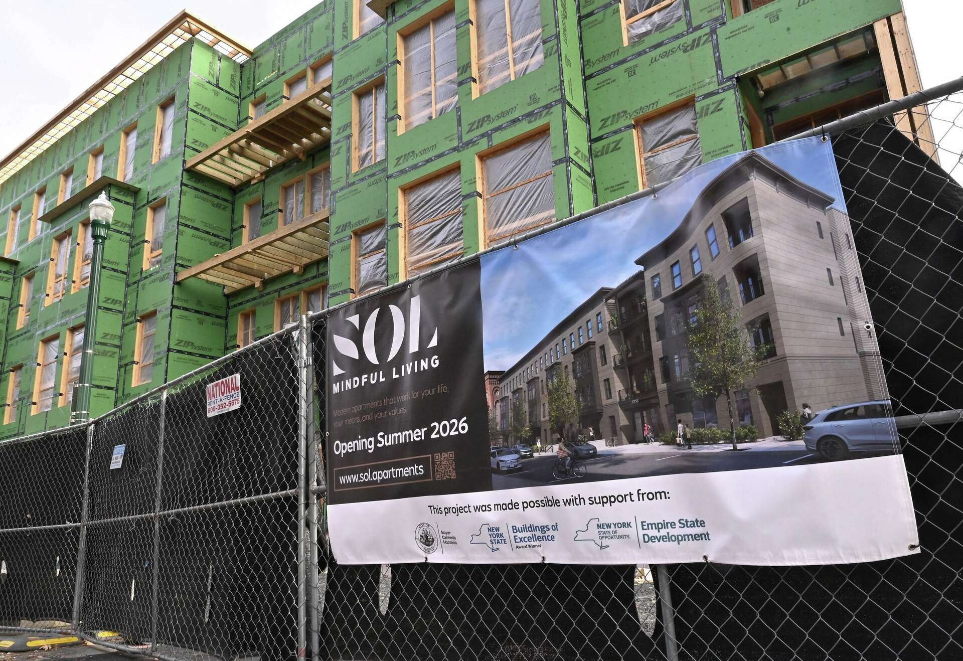 View of Troy's first zero-emission multifamily apartment building taking shape