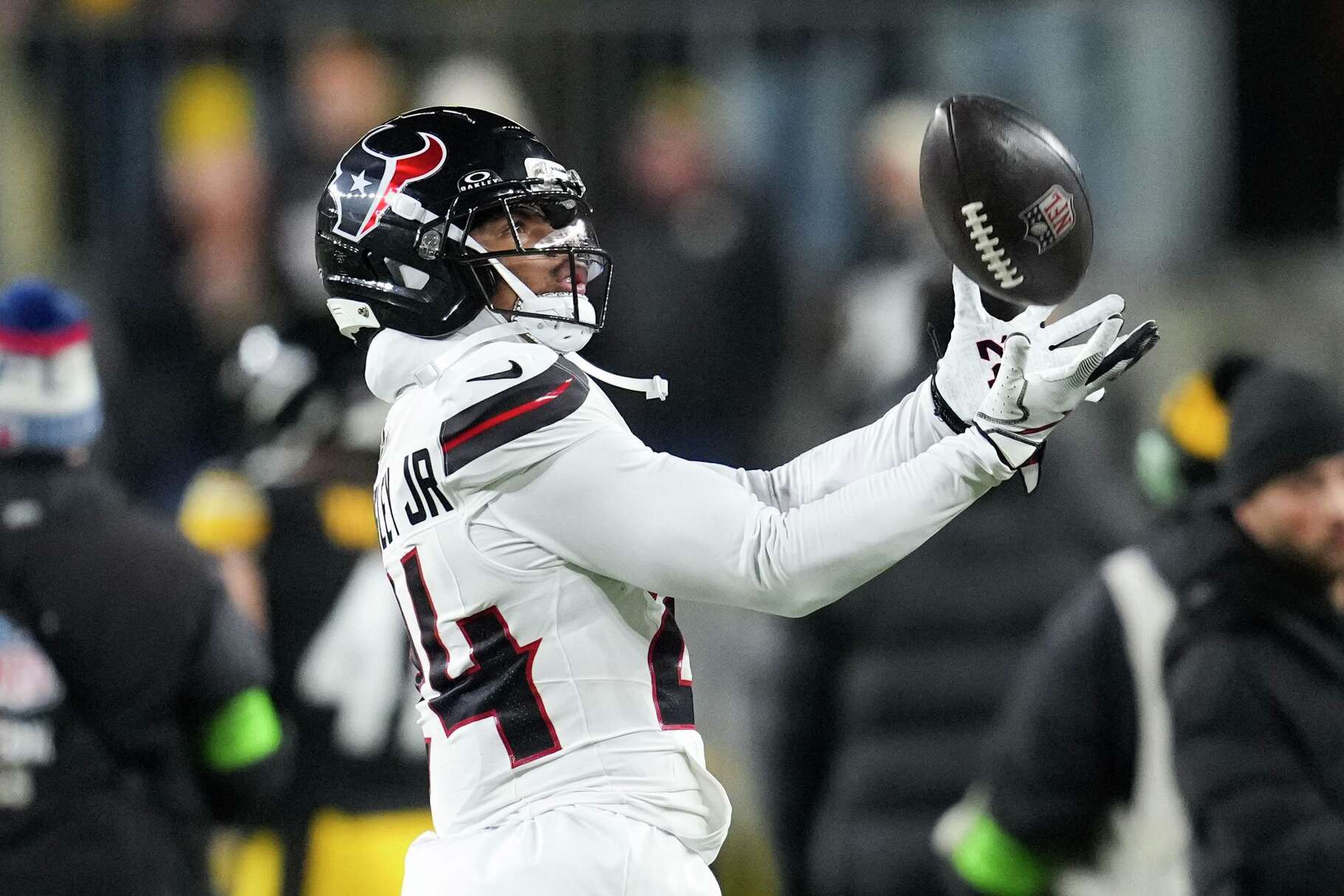 Houston Texans cornerback Derek Stingley Jr. (24) catches pass before an NFL wild-card playoff football game in Pittsburgh, Monday, Jan. 12, 2026.