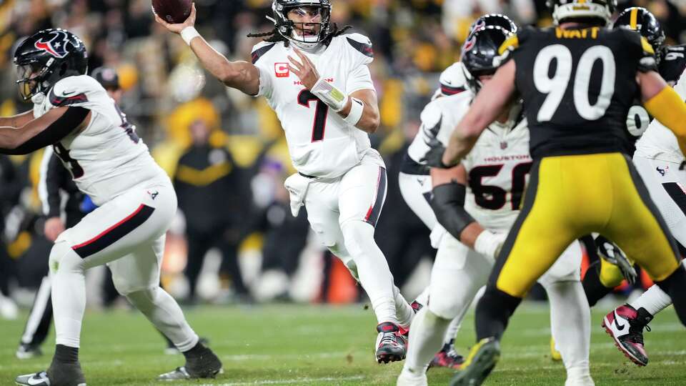 Houston Texans quarterback C.J. Stroud (7) makes a pass during the second half of an NFL wild-card playoff football game in Pittsburgh, Monday, Jan. 12, 2026.