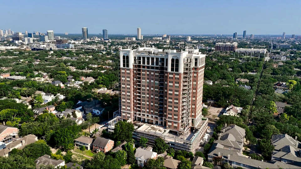 An aerial image of The Langley, a new 20-story luxury apartment tower in Boulevard Oaks, seen in late 2025. 