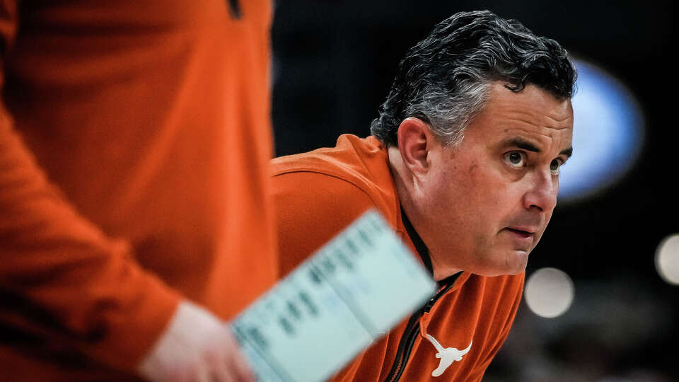 Texas Longhorns head coach Sean Miller watches the game during the first half of Lone Star Showdown, Jan. 17, 2026 at the Moody Center in Austin. Texas A&M won the game 74-70.