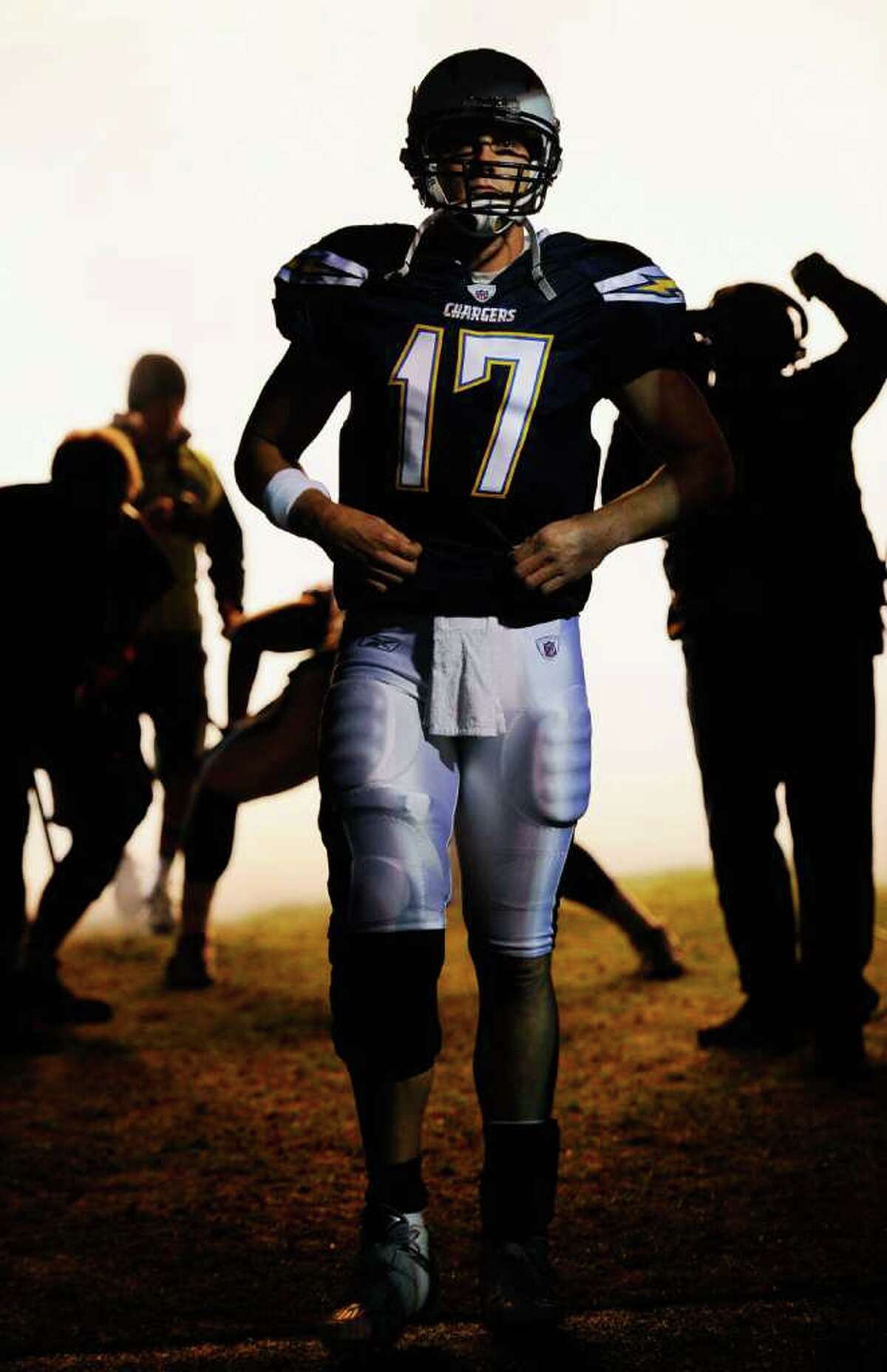 SAN DIEGO - NOVEMBER 22: Quarterback Philip Rivers #17 of the San Diego Chargers waits to be introduced prior to the start of the NFL football game against Denver Broncos at Qualcomm Stadium on November 22, 2010 in San Diego, California. (Photo by Kevork Djansezian/Getty Images) *** Local Caption *** Philip Rivers