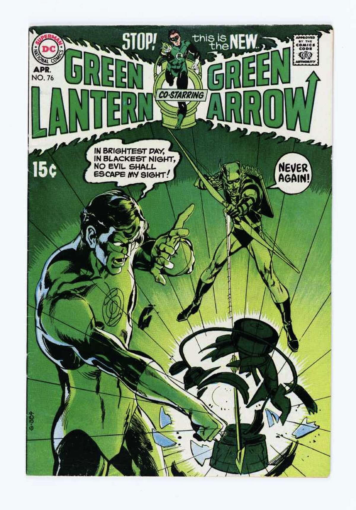 Neal Adams cover art for the April 1970 issue of Green Lantern. In the '70s, the conservative Green Lantern often butted heads with the liberal Green Arrow.