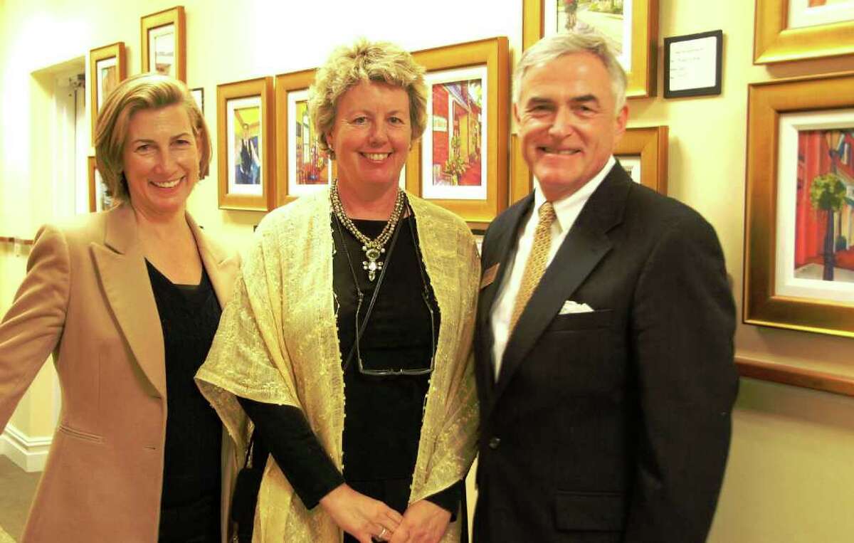From left, is Melanie Berman, president of the ABC House; artist Barbara Clark; and Peter Keller, Bank of New Canaan business development head.
