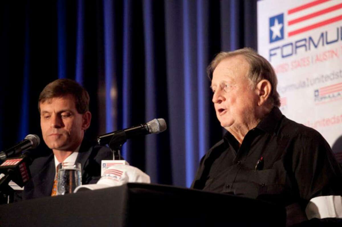 Tavo Hellmund of Austin's Full Throttle Productions and San Antonio billionaire B.J. "Red" McCombs explain to the news media the multiple uses of the forthcoming Formula One racetrack, which will host a Grand Prix every year from 2012 to 2021.