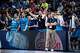Luka Doncic cheers on his teammates from the bench during Slovenia's runaway win against Hungary on Saturday at EuroBasket.