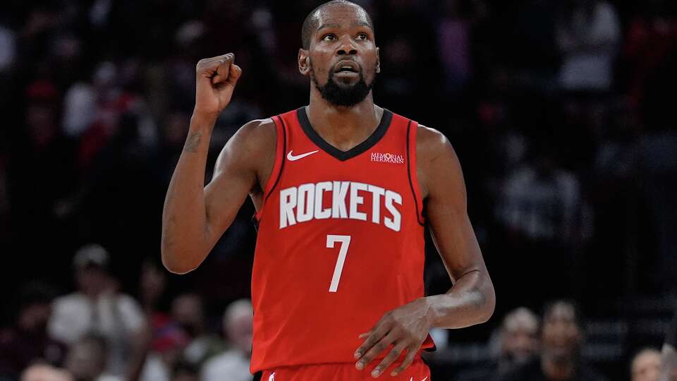 Houston Rockets forward Kevin Durant celebrates during the second half of an NBA basketball game against the San Antonio Spurs in Houston, Tuesday, Jan. 20, 2026. (AP Photo/Ashley Landis)