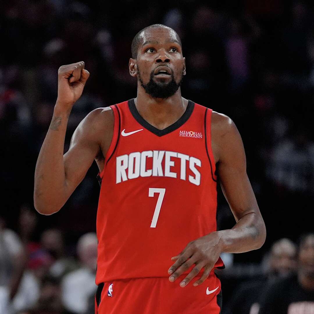 Houston Rockets forward Kevin Durant celebrates during the second half of an NBA basketball game against the San Antonio Spurs in Houston, Tuesday, Jan. 20, 2026. (AP Photo/Ashley Landis)