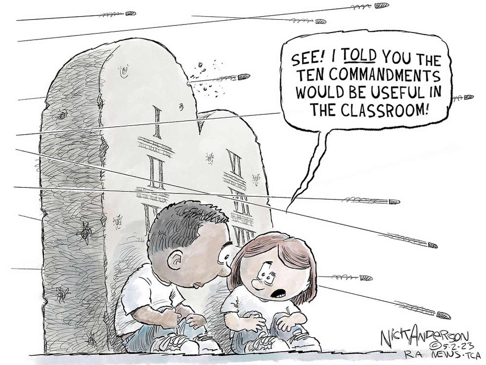 Cartoonist shows Texas kids using the Ten Commandments at school
