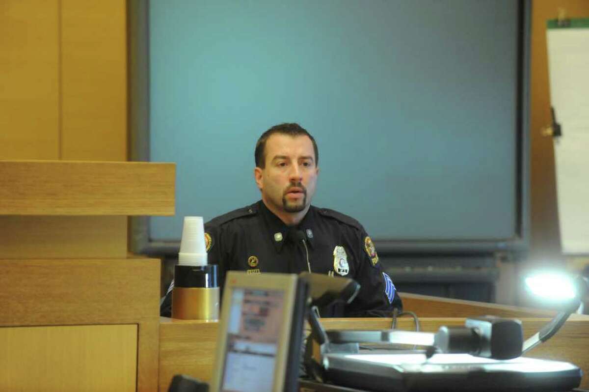 Greenwich Police Sgt. Brent Reeves testifies in the opening day of the murder trial of Carlos Trujillo, who is accused in the slaying of Andrew Kissel, at state Superior Court in Stamford, on Tuesday, Nov. 30, 2010.