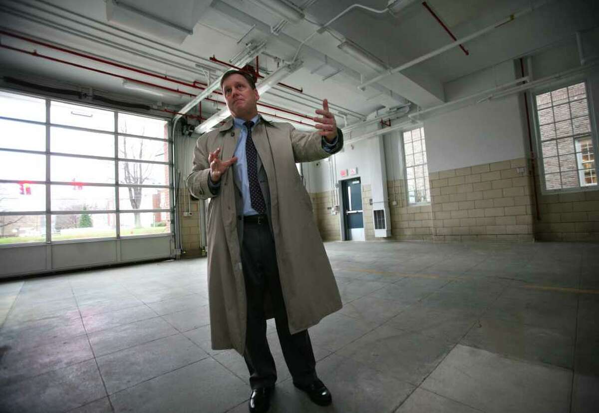 Stratford Mayor John Harkins gives a tour of the new Stratford EMS building on Wednesday, December 1, 2010. The renovated building was the former Main Street fire station which was left empty after the new fire headquarters was constructed next door.