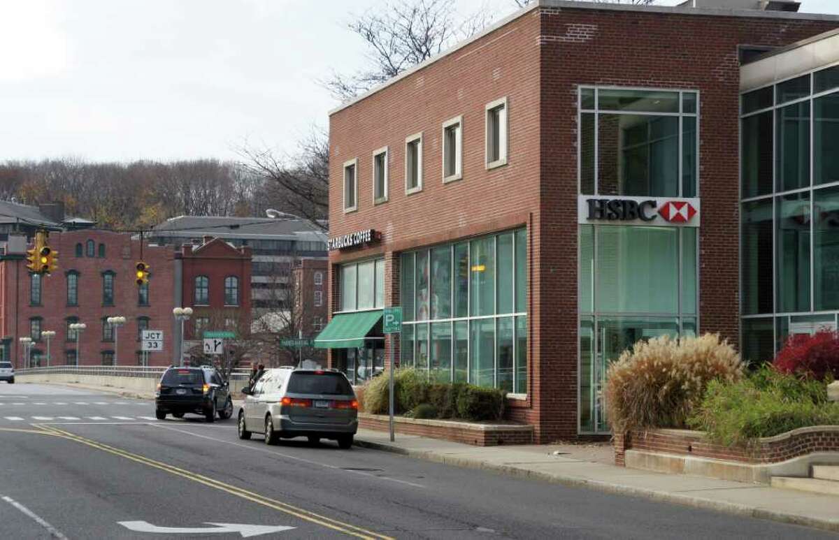 HSBC has a branch in downtown Westport, located in Parker-Harding Plaza. It is seen here from its Post Road East side.