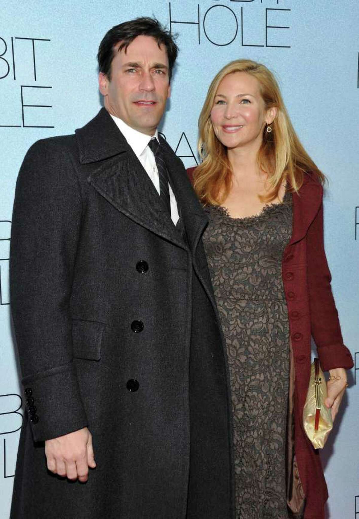 Actor Jon Hamm and actress Jennifer Westfeldt attend the premiere of 'Rabbit Hole' at the Paris Theatre on Thursday, Dec. 2, 2010 in New York. (AP Photo/Evan Agostini)