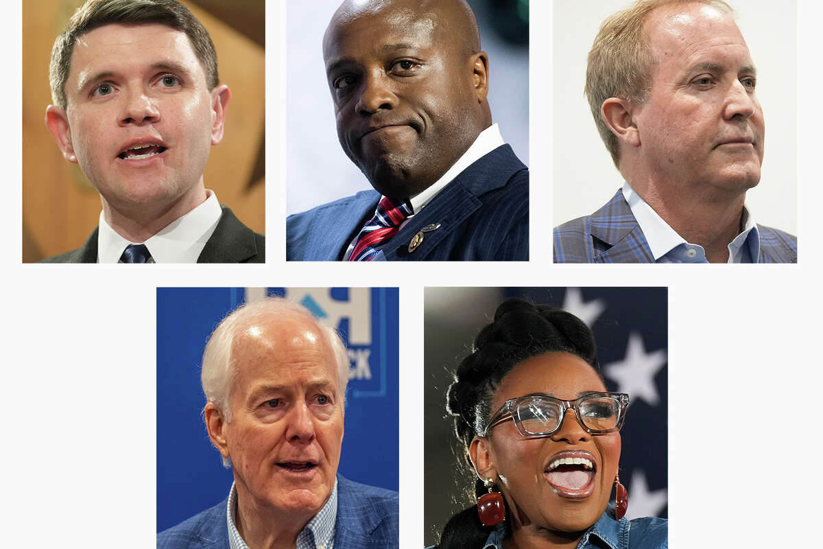 U.S. Senate candidates, clockwise from top left, Texas Rep. James Talarico (D), U.S. Rep Wesley Hunt (R), Texas Attorney General Ken Paxton (R), U.S. Rep Jasmine Crockett (D), and U.S. Senator John Cornyn (R).
