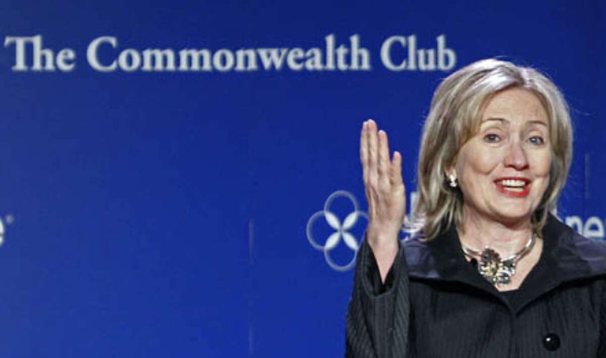 Secretary of State Hillary Rodham Clinton speaks before the Commonwealth Club on Oct. 15, in San Francisco. Senators from both parties urged Clinton on Thursday to clarify remarks she made during the speech, that signaled likely U.S. support for a $7 billion pipeline to carry Canadian oil to refineries along the U.S. Gulf Coast.
