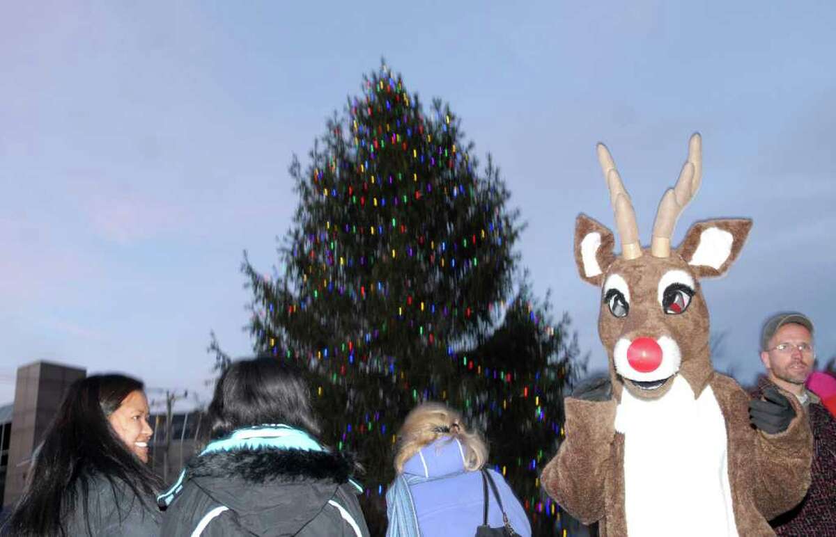 Rudolph brought out the smiles while making an appearance during the annual tree-lighting ceremony at Greenwich Town Hall, Friday afternoon, Dec. 3, 2010.