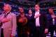 Dallas Mavericks CEO Rick Welts (left), Dallas Mayor Eric Johnson (center) stand for the national anthem with team governor Patrick Dumont before the Sacramento Kings game at the American Airlines Center in Dallas, February 10, 2025.