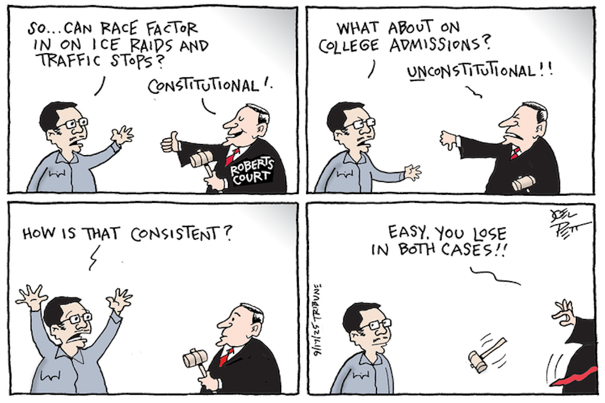 Editorial cartoon: ICE profiling vs. college admissions