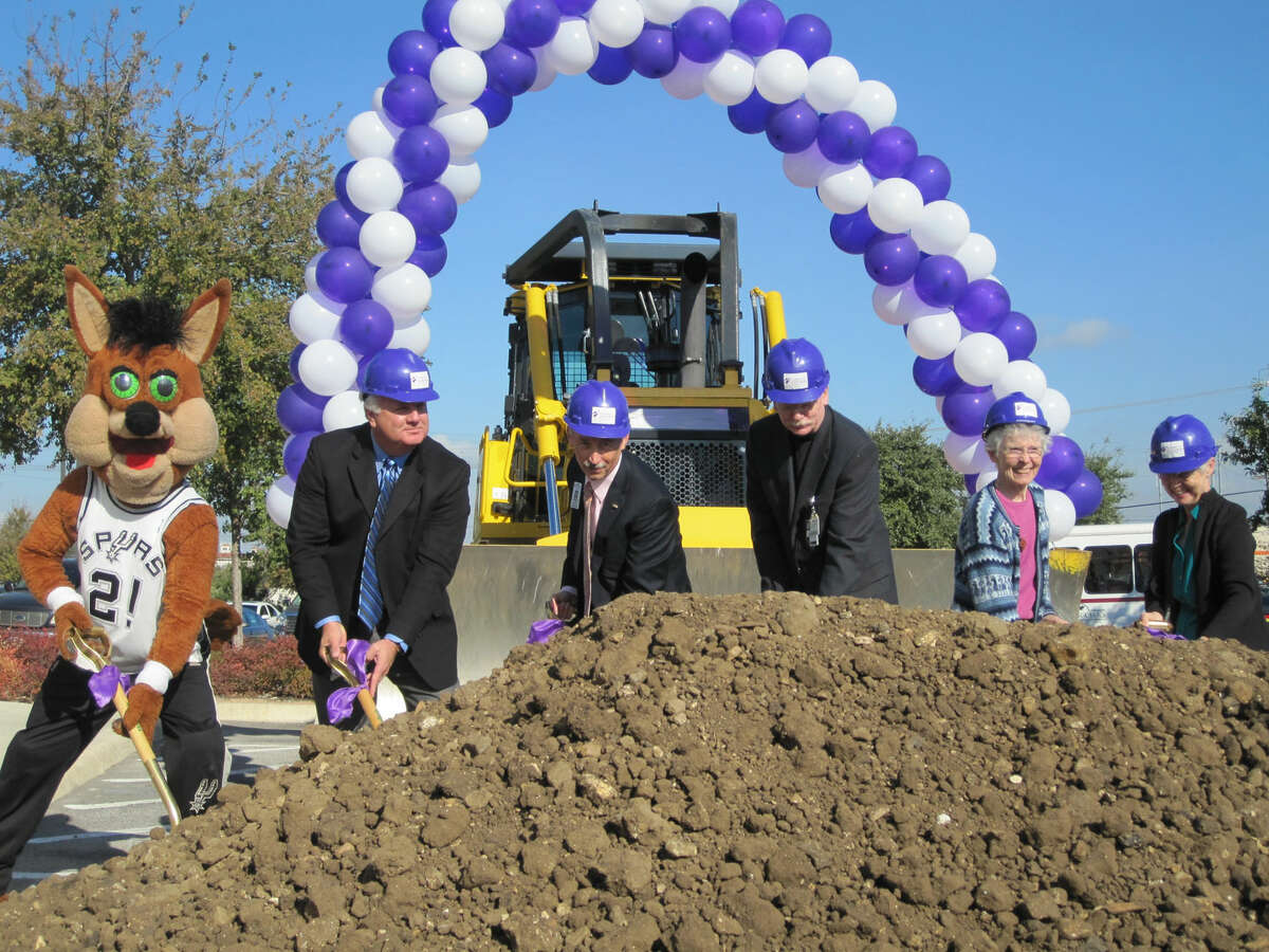The Spurs Coyote helped break ground for Christus Santa Rosa Hospital–Alamo Heights Friday, joined by Christus health system officials (left to right) Dr. Michael Murphy, Pat Carrier, Jay Herron, and Sisters Sarah Lennon and Rose Ann McDonald with the Sisters of Charity of the Incarnate Word. Courtesy photo