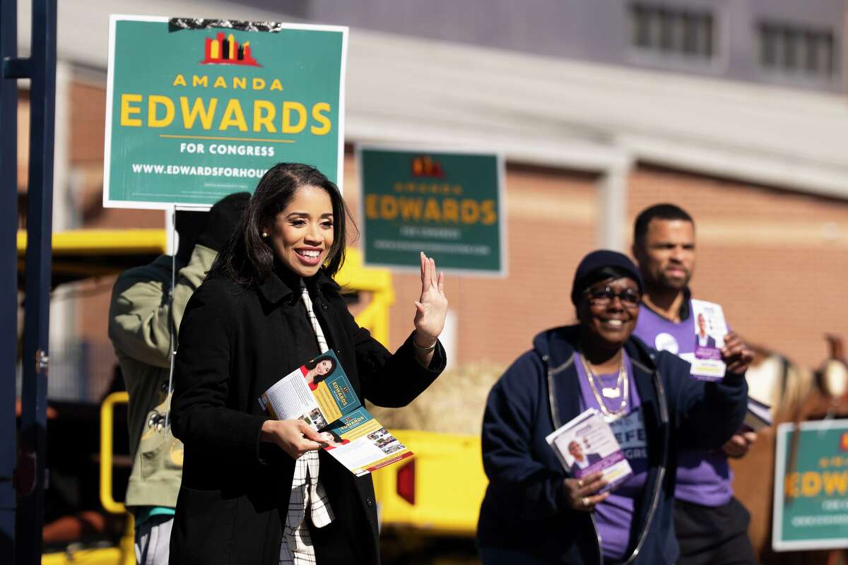 Amanda Edwards, candidate for the 18th Congressional District, campaigns during a runoff election in Houston, Saturday, Jan. 31, 2026.