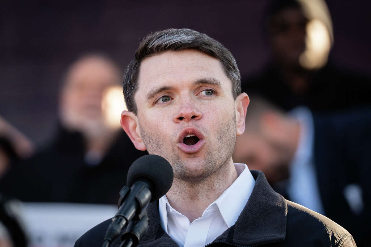 Texas Rep. James Talarico, D-Austin, speaks to the crowd during a 