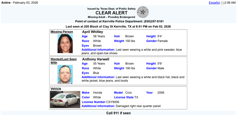 Texas authorities searching for missing, endangered Kerrville woman