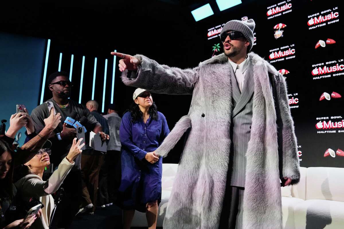 Apple Music Super Bowl LX Halftime Show performer Bad Bunny departs after a news conference, Thursday, Feb. 5, 2026, in San Francisco ahead of the NFL Super Bowl 60 football game between the Seattle Seahawks and the New England Patriots.