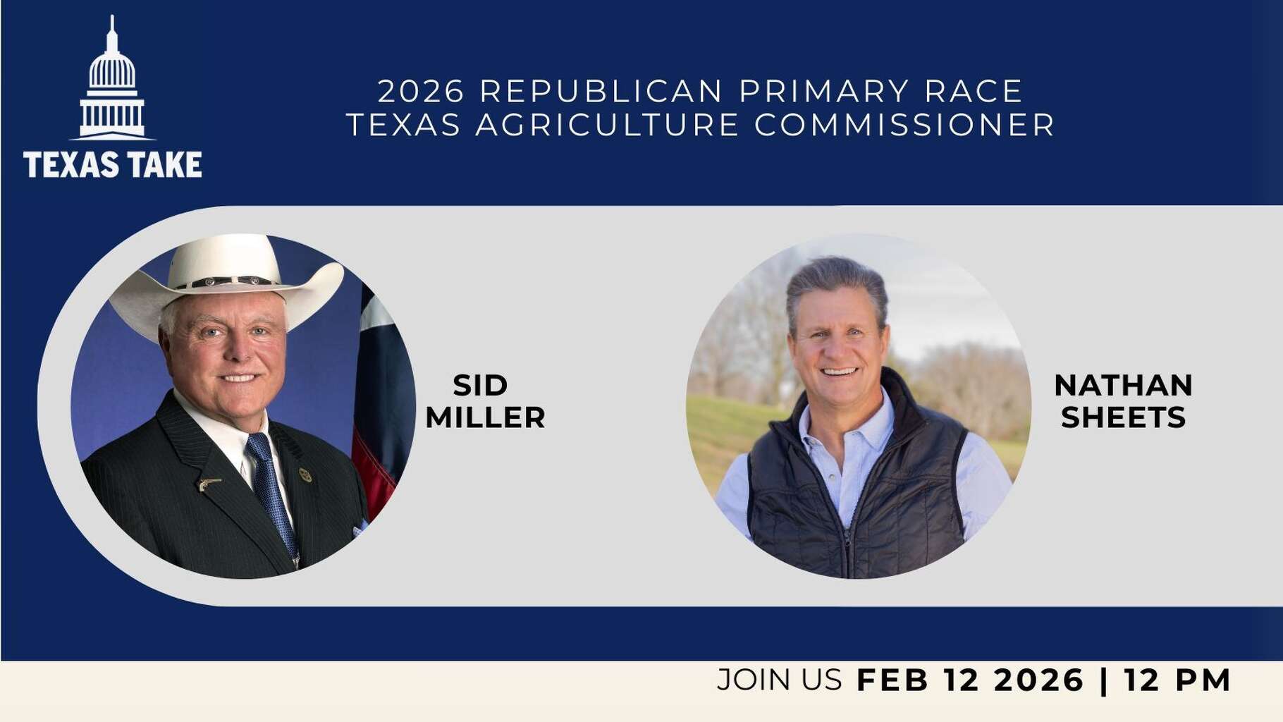 Promotional graphic for live virtual event with Texas Take branding