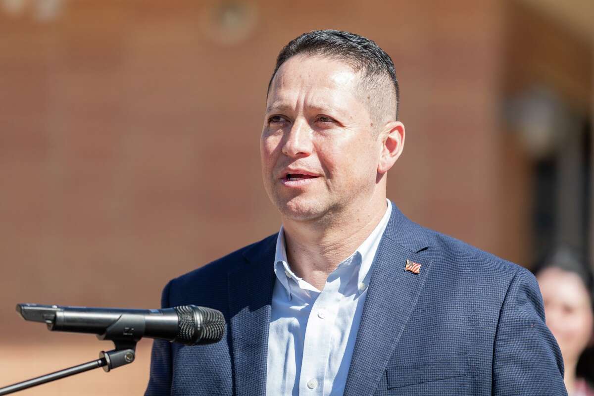 U.S. Rep. Tony Gonzales, R-San Antonio, discusses a $4.2 million grant to support school safety enhancements in NEISD in front of the new Wilshire Safety Training Center on Feb. 6, 2026.