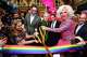 At the ribbon cutting to reopen the Castro Theatre on Friday, Feb. 6, 2026. From left: Another Planet Entertainment Senior Vice President Mary Conde, State Senator Scott Wiener, Another Planet Entertainment CEO Gregg Perloff, San Francisco Mayor Daniel Lurie, drag performer D’Arcy Drollinger and San Francisco Board of Supervisors President Rafael Mandelman.